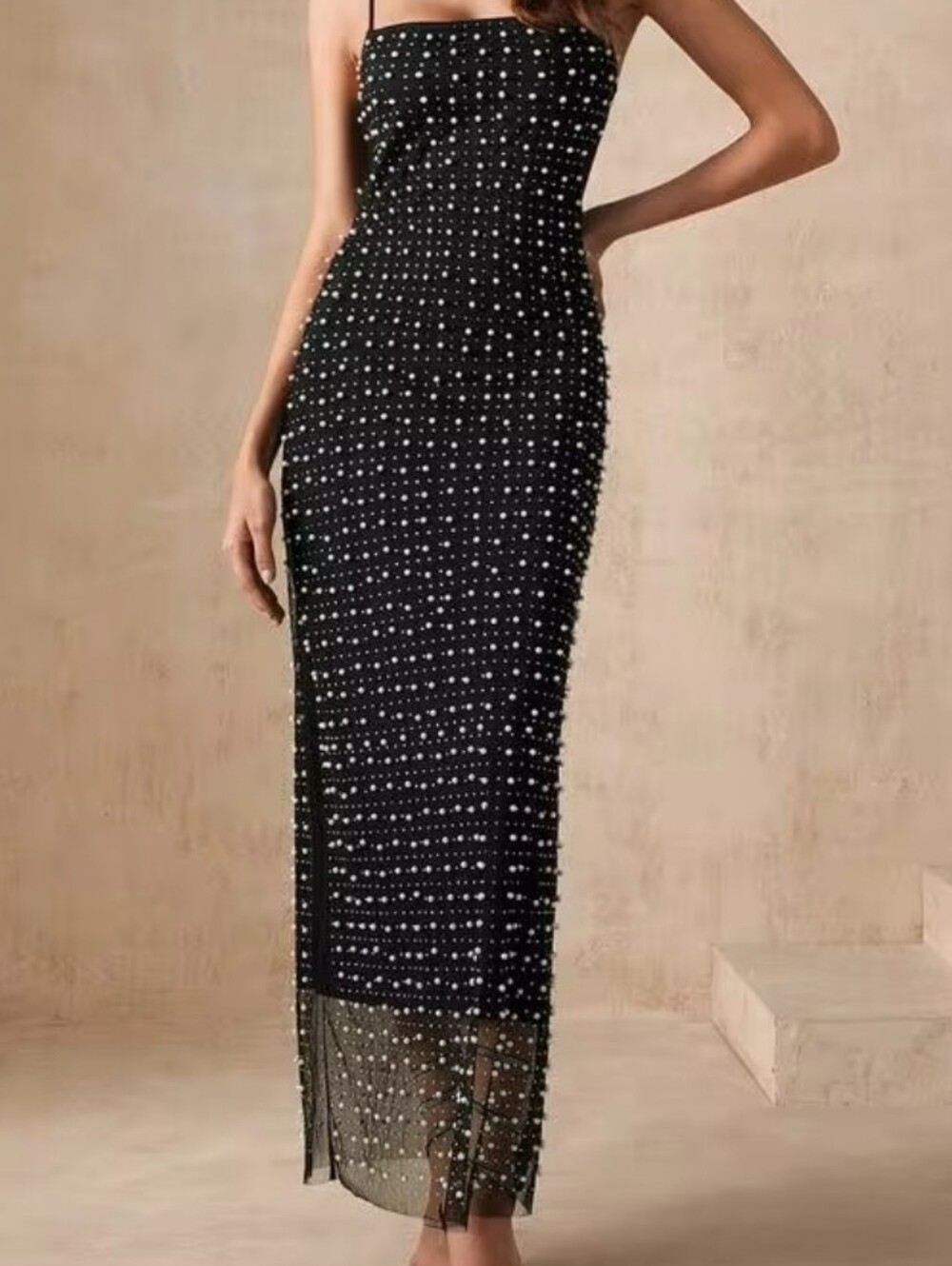 Black Midi Slip Dress with White Polka Dots